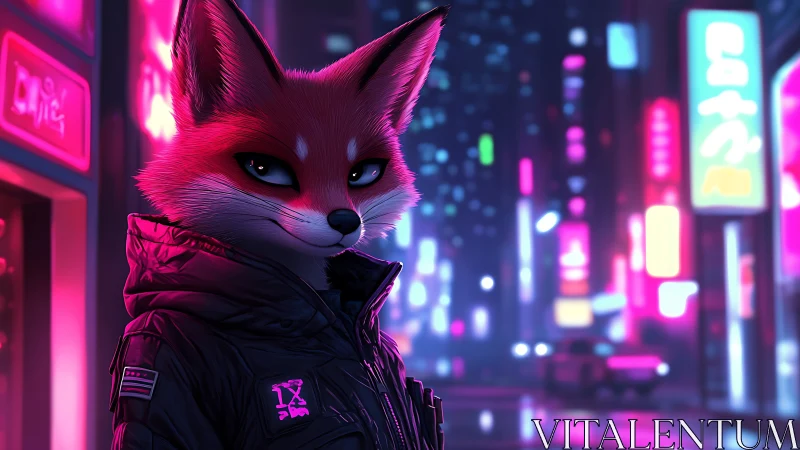 Cyberpunk fox sentinel watches over neon city night streets