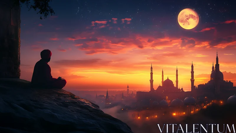 Solitary figure overlooking illuminated mosque at dusk.