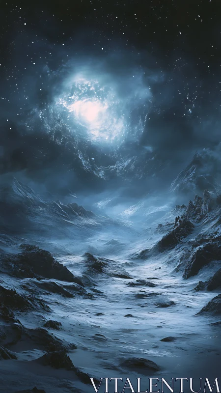 Luminous galactic vortex above frozen alien canyon.