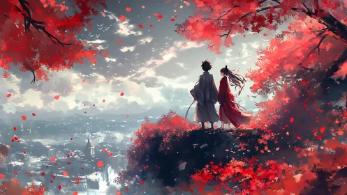 Samurai couple overlooks misty city beneath crimson autumn canopy