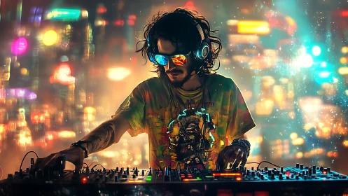 Cyberpunk DJ at neon console in immersive bokeh skyline.