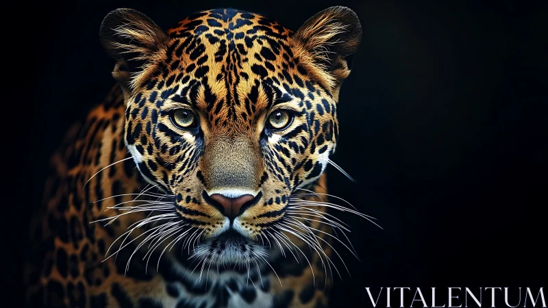 Golden-eyed leopard gazes calmly into the quiet darkness