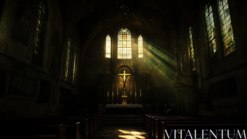 Golden light over quiet church pews and a glowing altar.
