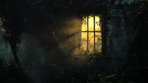 Sunlit forest window piercing a decayed ivy-covered ruin wall