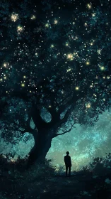 Silhouetted figure beneath bioluminescent night canopy