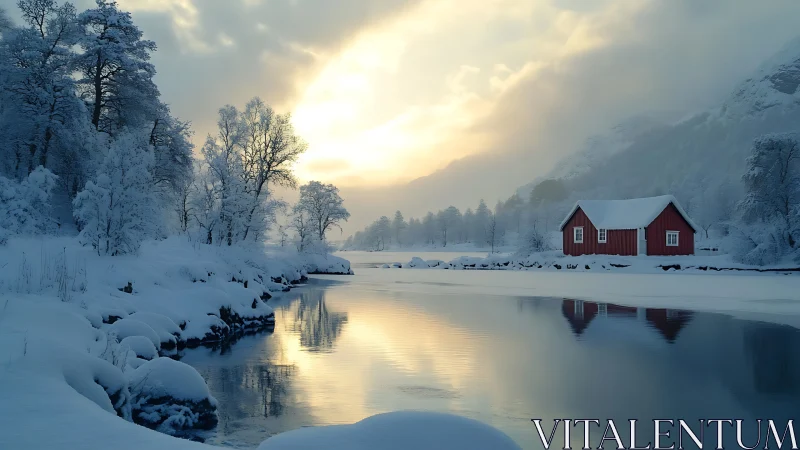 Snowbound red cabin mirrored in tranquil winter lake.