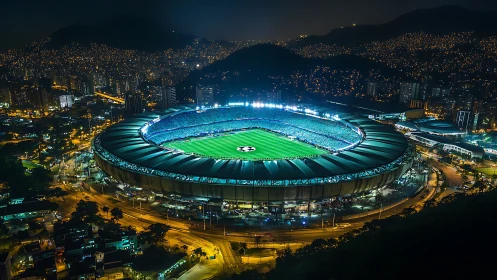 Illuminated football stadium in dense nocturnal cityscape.