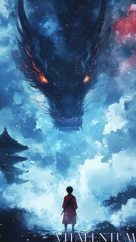 Boy in red robe confronts massive glowing eyed dragon.