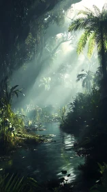Mystical Jungle Stream. Ethereal Light Through Tropical Canopy.