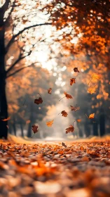 Autumn leaves swirl above golden forest pathway at dusk.