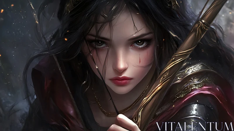 Storm-eyed blade maiden poised in emberlit resolve.