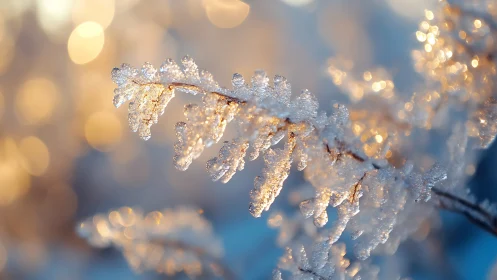 Frozen branch displays ice-crusted leaves in shallow focus