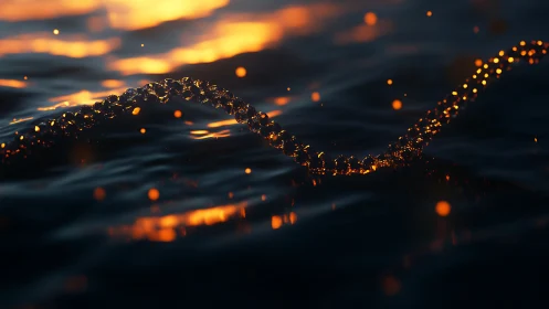 Glowing particle trail curves over dark reflective water surface