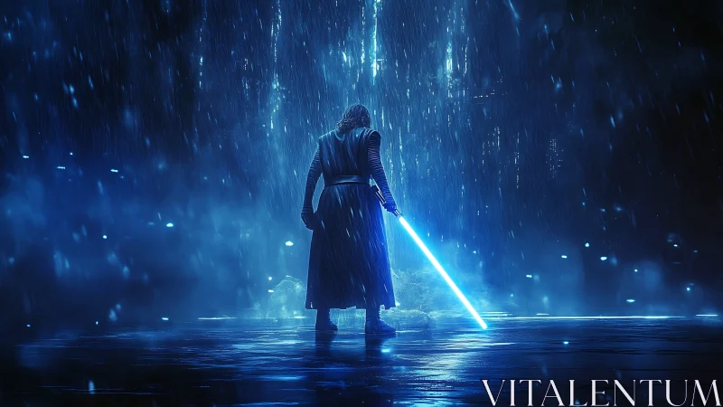 Hooded warrior holds glowing sword in blue rainstorm