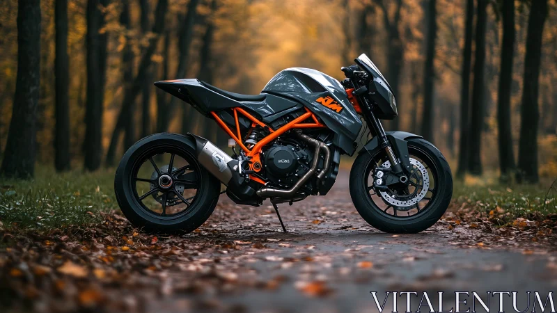 Sport motorcycle stands on forest road in autumn light
