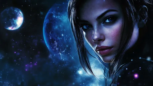 Stellar-eyed space heroine gazes over glowing nebula