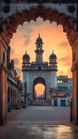 Sunset framed Mughal gateway with ornate domed minarets.