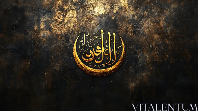 Golden circular Arabic calligraphy on textural dark ground.