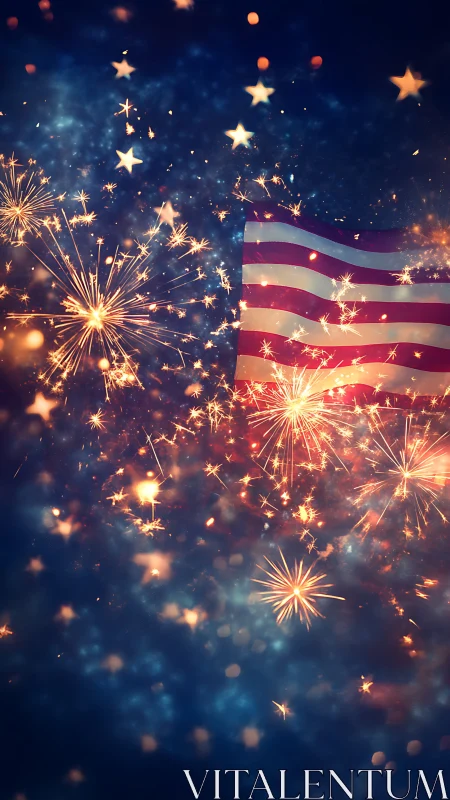 Sparkling fireworks glow around a warmly waving US flag