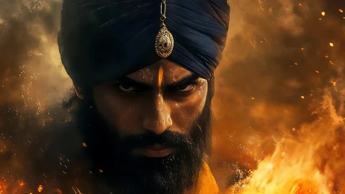 Bearded turbaned man in close frontal view amid flames.