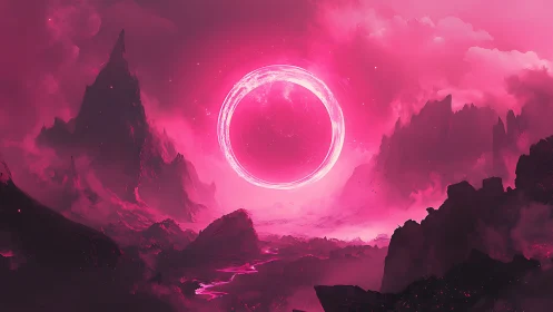 Radiant plasma ring levitates above jagged alien mountain basin