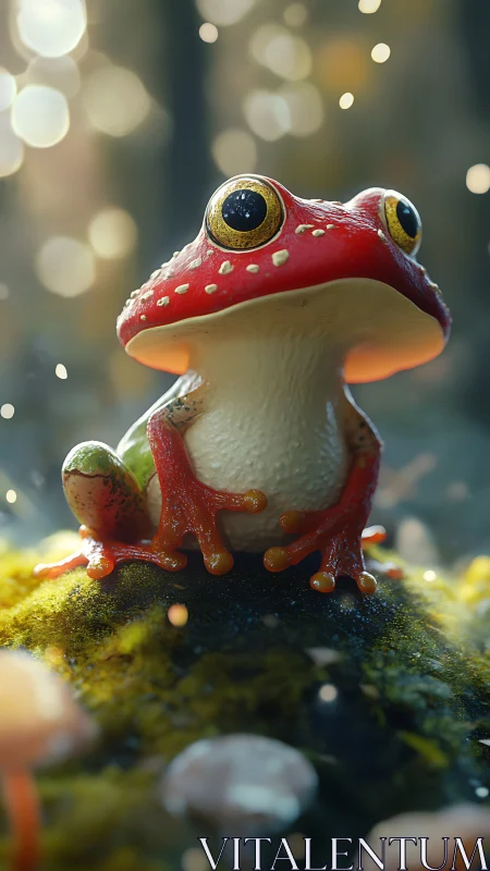 Red-eyed tree frog rests on moss under dreamy bokeh light.