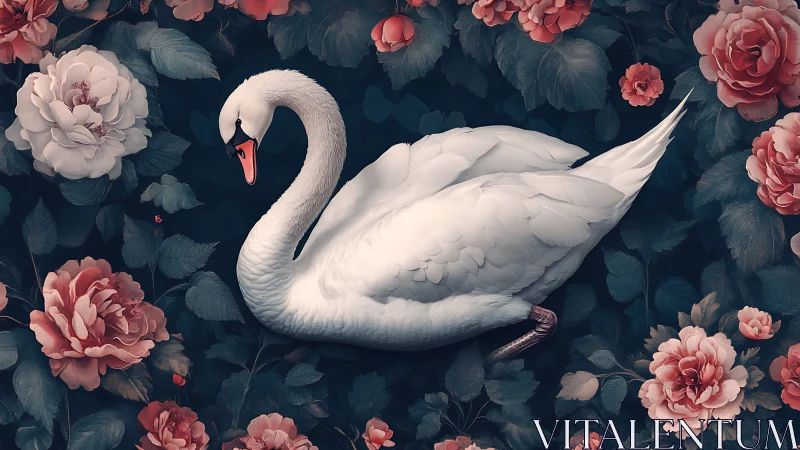 White swan positioned centrally amid dense floral foliage