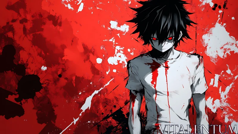 Blood soaked anime boy against violent red splatter field.