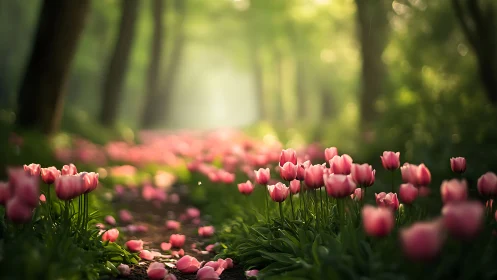 Pink tulips in botanical garden setting with diffused natural light.