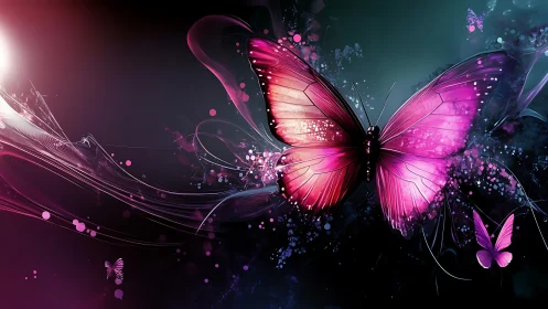 High-contrast neon butterfly with luminous particle trails in motion