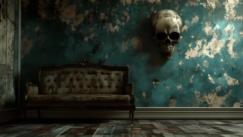 Antique sofa beneath monumental skull in decayed teal interior