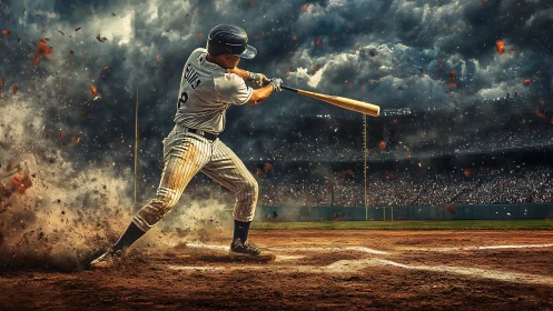Baseball batter swings hard on dramatic dirt explosion field.