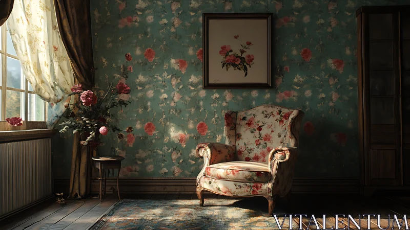 Soft side-lit vintage armchair in a florally patterned sitting room