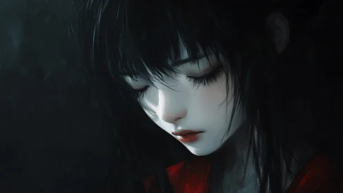 Melancholic digital portrait of dark haired young woman.