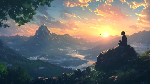 Solitary figure overlooking layered mountains at sunset.