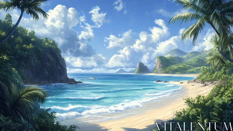 Tropical Coastline with Palm-Framed Beach Cove and Volcanic Island.