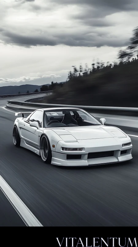 White sports coupe gliding along a moody mountain highway.