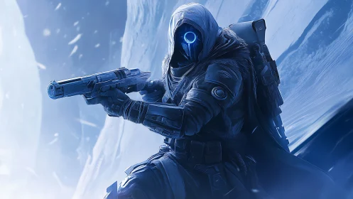 Mysterious ice world guardian ready for a frozen adventure.