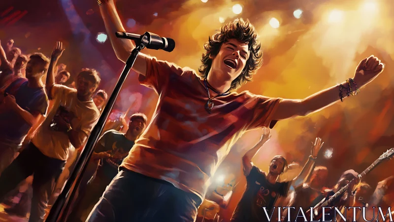 Digital concert painting of ecstatic singer leading crowd.