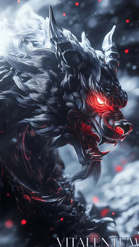Infernal wolf demon with glowing red eyes in storm haze.