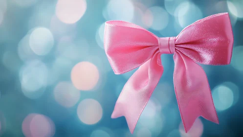 Pink satin bow against soft blue bokeh background.