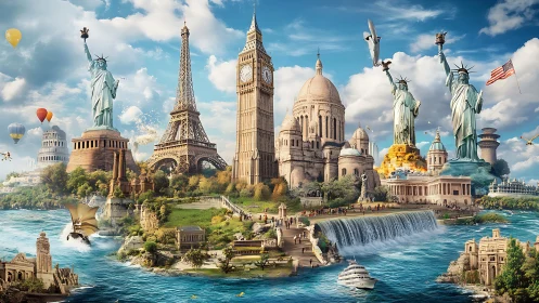 Surreal composite skyline merges global monuments in one riverine landscape
