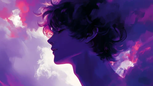 Dreamy profile drifts in violet clouds and gentle twilight
