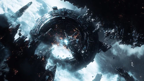 Ring megastructure disintegrates amid luminous deep-space debris