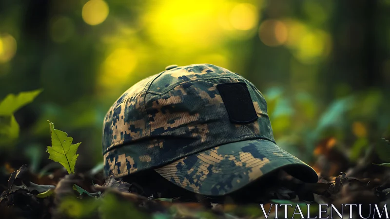 Camouflage cap resting quietly on a sunlit forest floor.