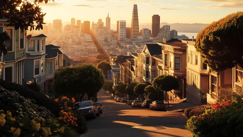 Hilly residential street overlooking dense downtown skyline.