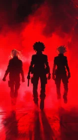 Cinematic anime trio in red backlit atmospheric silhouette.