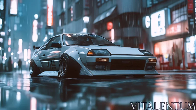 Low-angle drift car render in wet neon-lit urban street scene