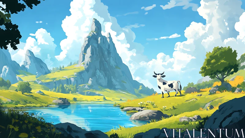 Pastoral mountain valley with reflective river and grazing cow.