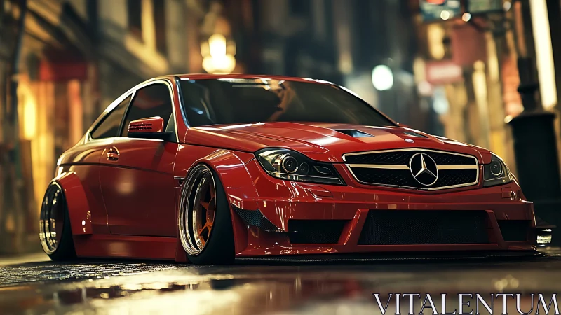 Low-slung red Mercedes coupe glides through glowing night streets